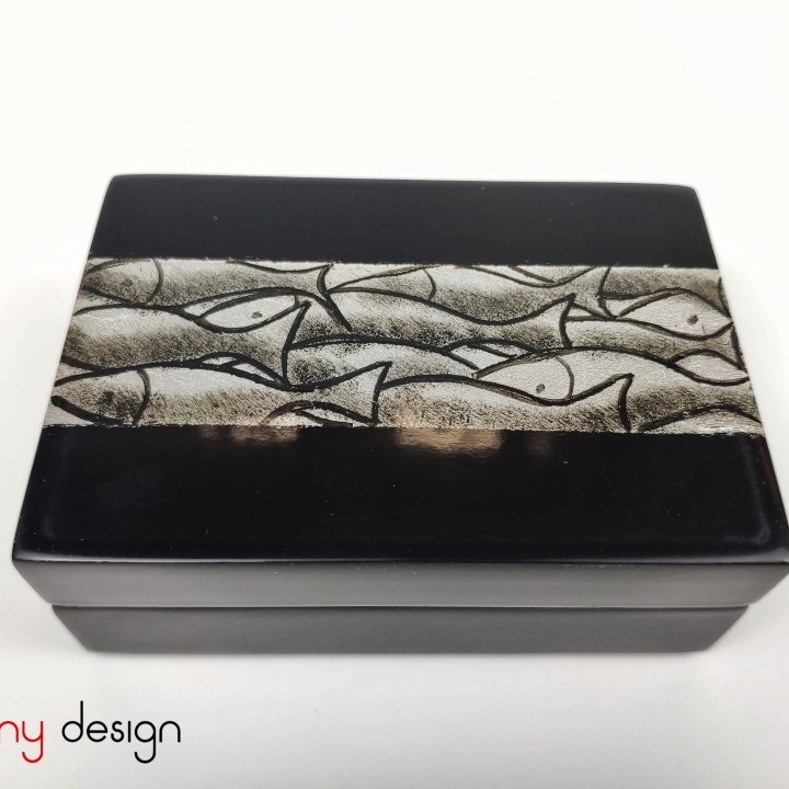 Black name card box with hand-painted silver fish